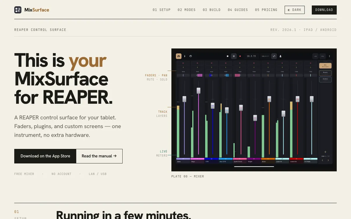 MixSurface: tablet control surface for REAPER, website screenshot